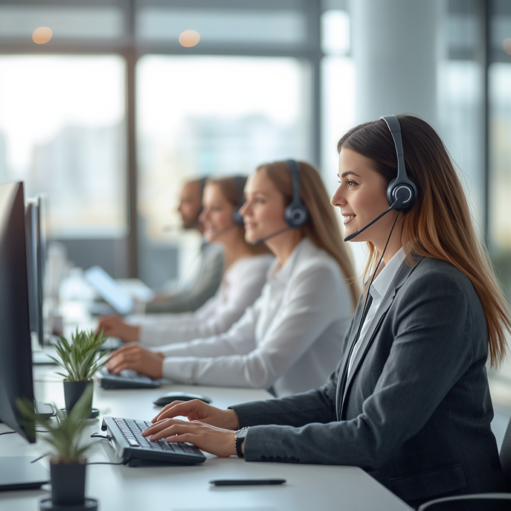 Equipe de atendimento usando PABX virtual com preço acessível em call center moderno, trabalhando com headsets e computadores