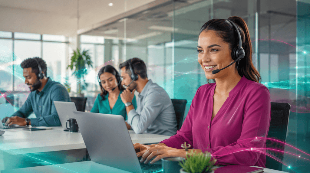 Equipe utilizando telefonia VoIP para atendimento corporativo