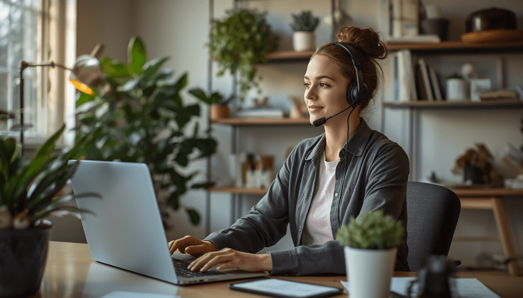 Mulher em home office atendendo chamada com PABX em nuvem