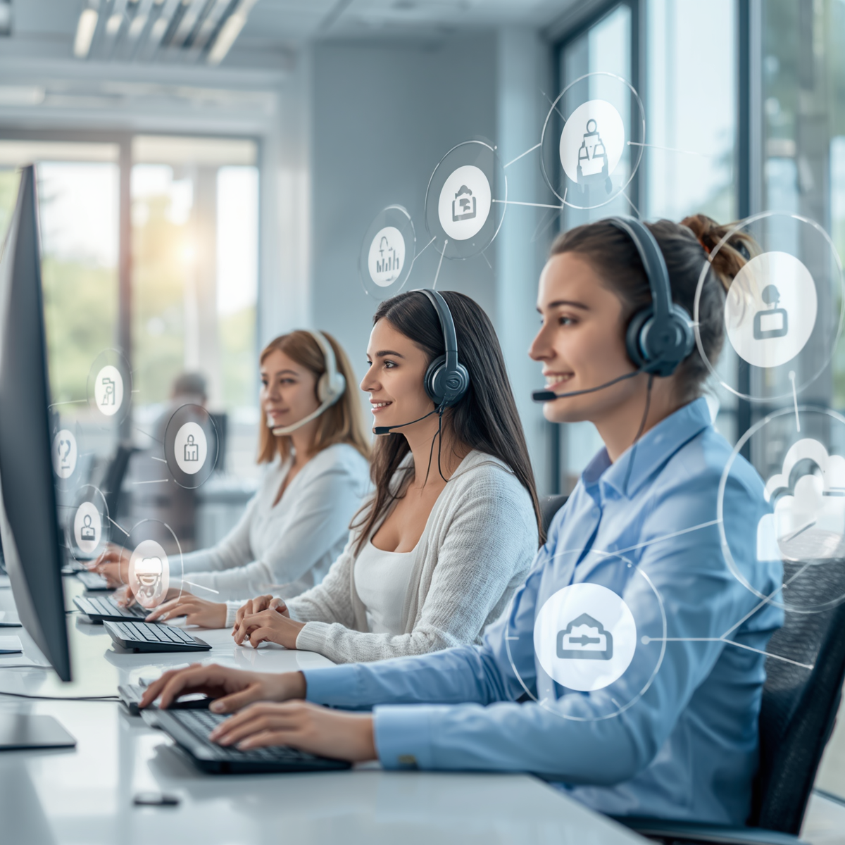 Profissionais utilizando sistema de PABX virtual com preço competitivo em ambiente corporativo clean, com tecnologia em nuvem