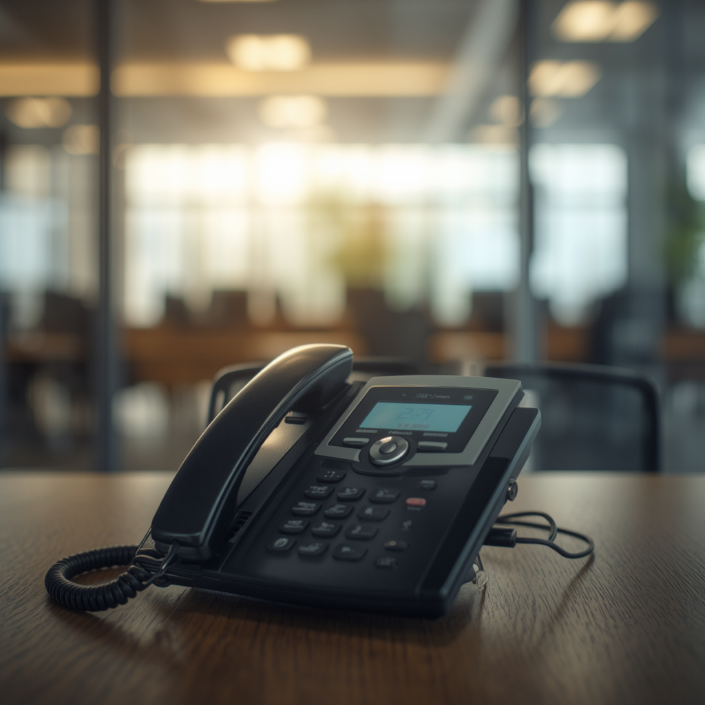 Telefone com fio sobre a mesa representando chamadas não atendidas na empresa
