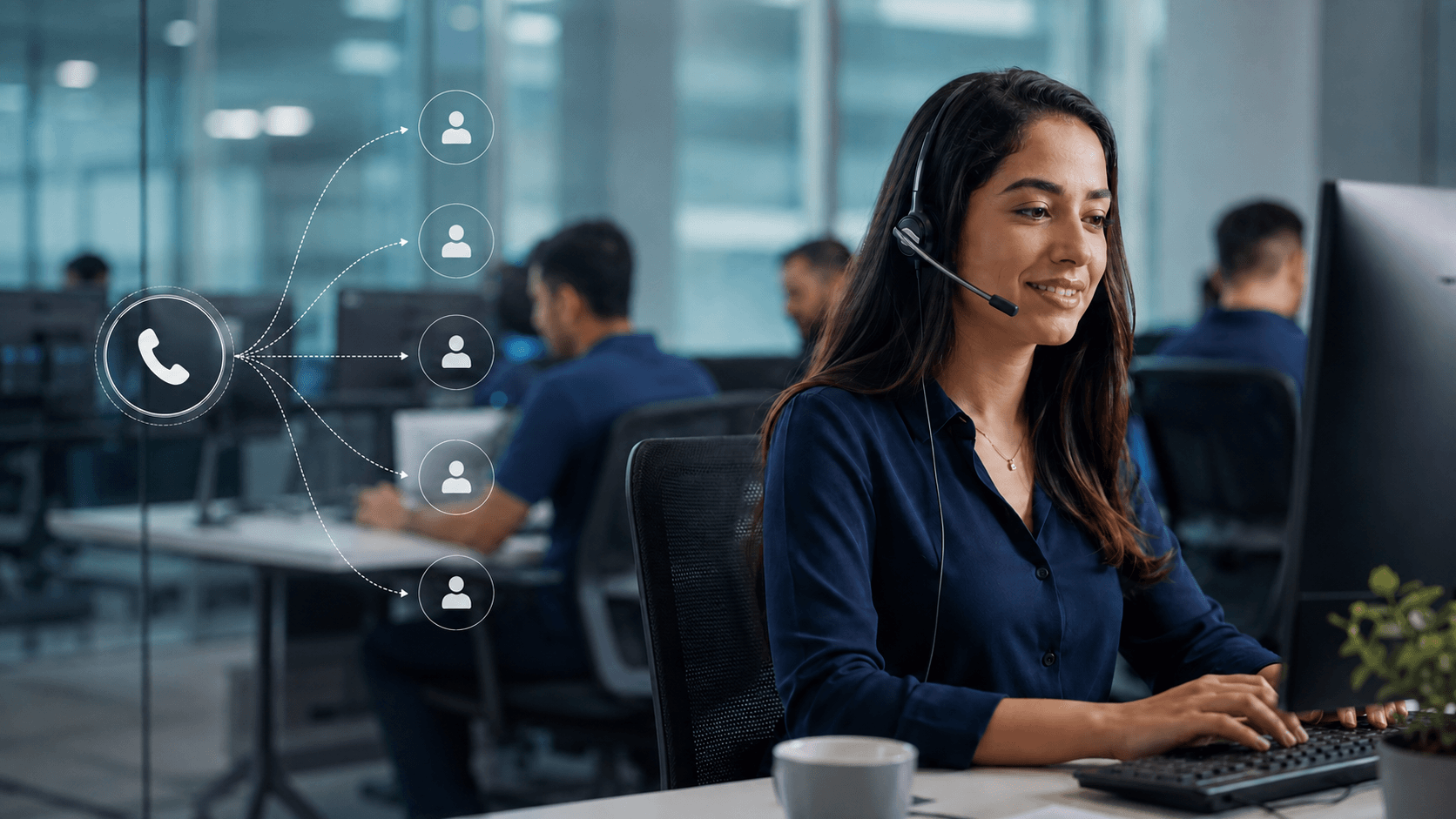 Profissional utilizando URA de atendimento para direcionar chamadas entre os setores da empresa.